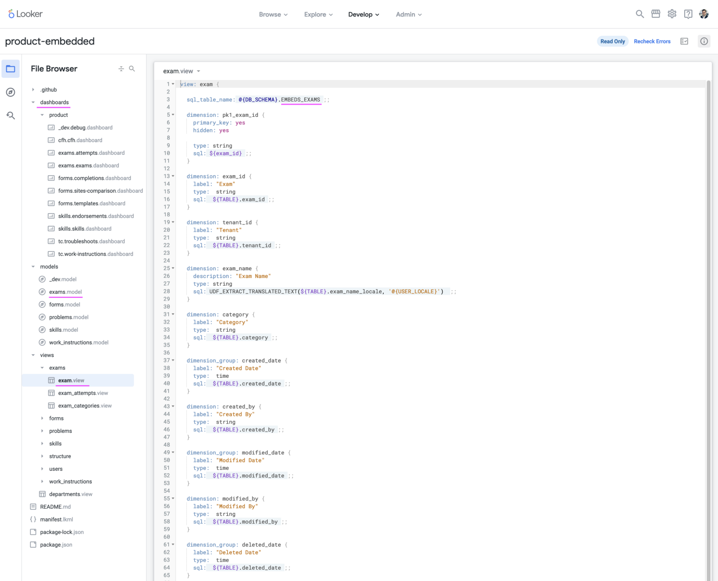 A screen capture of the Looker UI showing a part if the LookML code used to define a view, in other words, a data table.