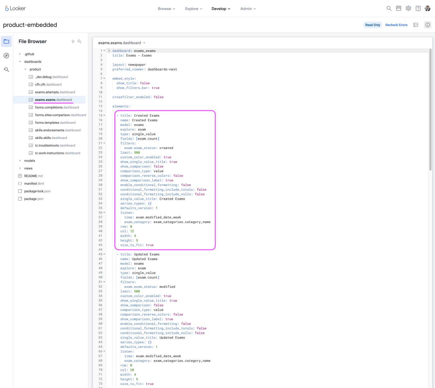 A screen capture of the Looker UI showing a part if the LookML code used to define a dashboard, highlighting a KPI, an element of the dashboard for the exams data.